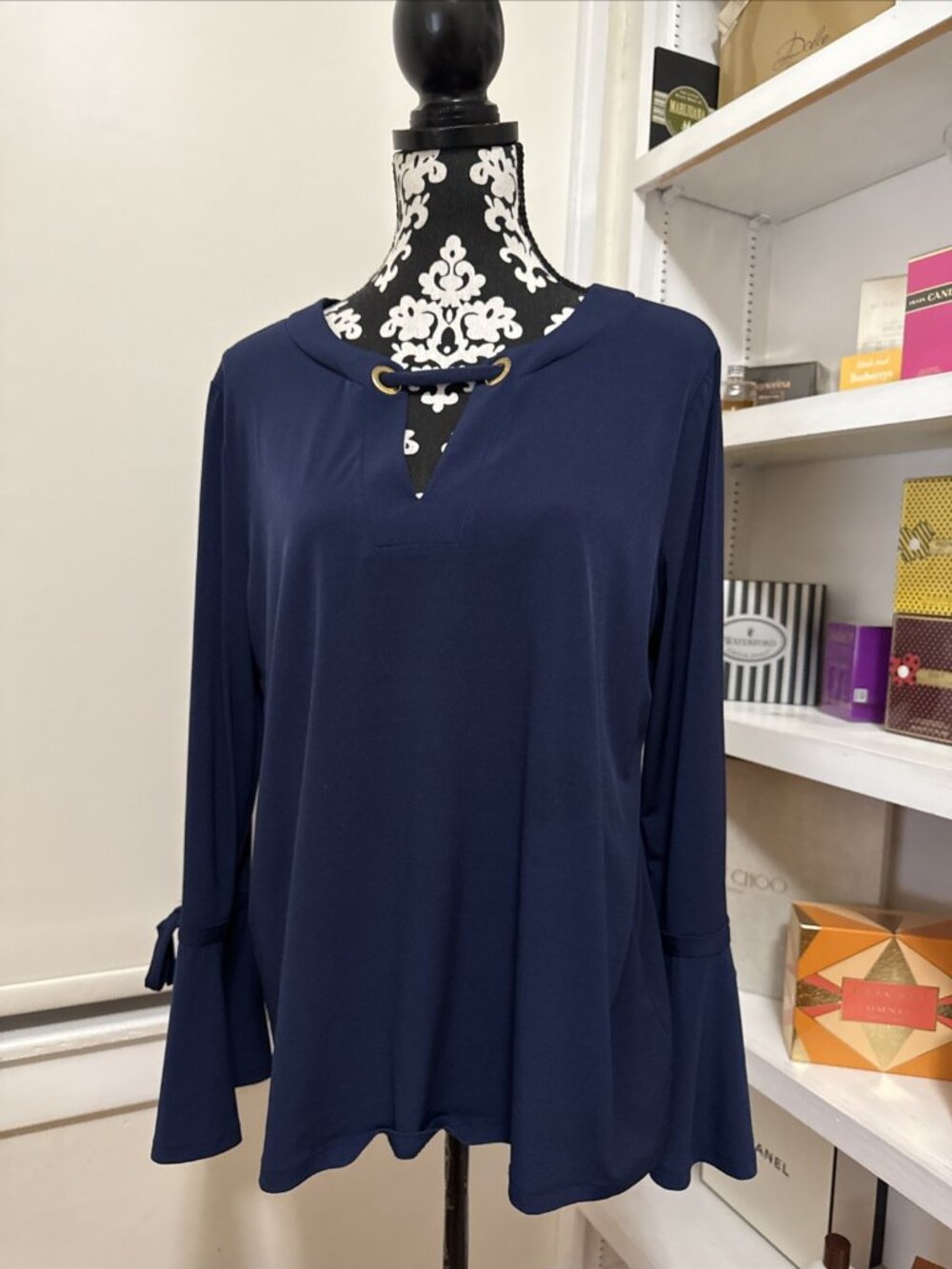 Michael Kors Women's Blouse with Gold Rings and Logo Bell Sleeves XL Navy blue